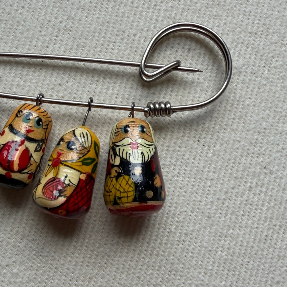 Ukranian Matryoshka Doll Charm Safety Pin Brooch in Red, Yellow, Black - Picture 3 of 4